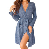 Women's Home Clothes Nightglom Knitted Pit Ribbed Bathrobe Stretch Pocket And Knee Robe