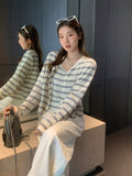 Blue And White Stripes Spliced Colliding Color Knitted Long-Sleeved Cardigan Women 2026 Early Autumn New Loose Feeling Loose Shoulder Coat