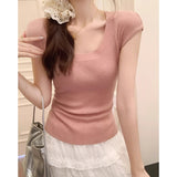 White U-Collar Ice Silk Knitted Short-Sleeved T-Shirt For Girls Summer Thin Necktip Pure Hot Girl Style Short Blouse