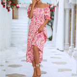 Summer New Sweet Wind Bra Collar Print Short Sleeves Tight Waist Long Dress Broken Floral Dress