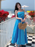 French Blue Sling Dress Seaside Holiday Dress High Quality Waist Big Skirt Beach Dress Summer