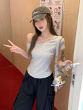 Korean Hottie Sexy Collared Shoulder Striped Short-Sleeved T-Shirt Girl New Summer Ootd Wear Super Good-Looking Top