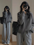 Vintage Gray Collar Knitted Sweater Cardigan Coat Women Autumn Winter Loose Lazy Wind Outside Wear Double Zipper High Collar