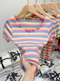 Pure Cotton Shoulder Rainbow Striped Short-Sleeved T-Shirt For Summer New Design Wood Ear Collar Body Dress