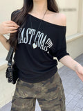 Pure Cotton Vintage Hottie Slanted Shoulder T-Shirt For Girls Summer 2025 New Loose Letter Print Top Ins