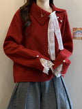 High-End Red Sweater Autumn And Winter 2025 New Large-Size Women's Fat Mm Beautiful Lace Spliced Knitted Shirt Top