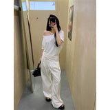 One-Word Shoulder Gray 220G Heavy Cotton Short-Sleeved T-Shirt Girl With Languid Summer Slouching Loose Slanted Shoulders
