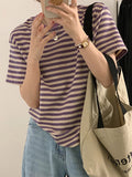 Short-Sleeved T-Shirt For Women 2025 Summer Fruit Green Stripes New Loose Shoulder Unique Comfortable Tuck