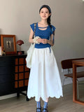 French Flowers With Blue Small Flying Sleeve Knit T-Shirt For The Summer 2025 New Slime Sleeveless Top