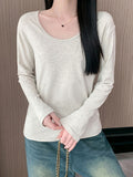 Pure White U-Necked Shirt Long-Sleeved T-Shirt Women's Early Autumn Lazy Relaxed Leisure Pure Cotton On The Basis Of Clothing