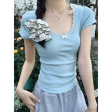White Pure Lust Sweet Lace Slimming Short-Sleeved T-Shirt For The Summer New Shoulder Short Inside The Top Ins