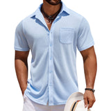 Summer Men's Shirt Short-Sleeved Knitted Waffle Collar Fashion Tops Men's Clothing