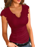 2025 Summer New Solid Color V-Necked Leaf Sleeve Short-Sleeved Lady Top
