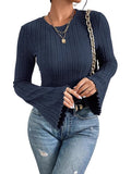 2026 New 8X4 Pit Gruffing Round Collar Women's Blouse Fashion Burst Long-Sleeved Lady T-Shirt