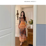 French Hottie Sunset Tie Dye Print Neckline Mesh Dress Femininity Slim Waist Thin Holiday Dress