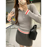 Small-Sized Cold-Indiverted Polo-Collared Long-Sleeved Knitted Shirt For Women In Autumn To Wear A Special Coat And A Bottom Shirt.