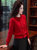 New Year Red Bow Design Chic Round Knitted Shirt Fashion Autumn And Winter Long-Sleeved Commuting Temperament Year Top