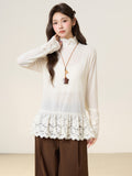 Small Fragrant Lace Wood Ear Half-High Collar Knitted Jersey Women 2026 Autumn And Winter Long-Sleeved T-Shirt On The Bottom Shirt