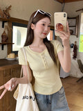 Yellow Babes Half-Neck Design Feel Short-Sleeved T-Shirt Girl 2026 Summer Repair Waist Short Shoulder Dress