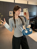Striped Half-Neck Design Long-Sleeved T-Shirt Women 2026 Autumn New Repair Bottom Shirt Top