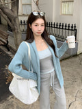 Water Blue Design Stitching Temperament Long-Sleeved Knitted Sweater 2026 Autumn And Winter Loose Thin Lazy Wind Coat