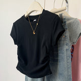 Grey Shoulder Short-Sleeved T-Shirt Women 2025 Summer New Folds To Receive Skinny Hottie Short Cotton Top