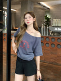 Spice Girl Striped Print Slanted Shoulder Short-Sleeved T-Shirt 2026 Summer New Loose Word Shoulder High-End Feel Top