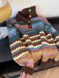 Spring And Autumn New Maillard Wearing Colorful Striped Collar Sweater Women's Autumn And Winter Lazy Knit Coat