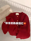 Round Collar Top Soft Glutinous Gold Buckle Knitted Cardigan Women's Autumn And Winter New Korean Gentle Raspberry Powder Sweater Coat