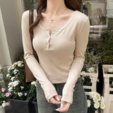 Pure Desire Low Collar Collar Collar Long-Sleeved T-Shirt Girl Spring And Autumn Lace Splicing Hottie Inside Slim Tops Bottom Shirt