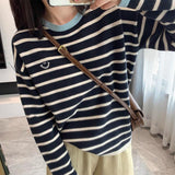 Crash Black And Blue Striped Smiley Face Sweater Woman In Autumn Wearing A Soft Knitted Jersey T-Shirt Lazy Round Collar Top