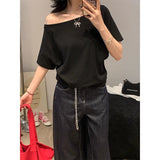 One-Word Collar Shoulder Design Loose Solid Color Short-Sleeved T-Shirt 2026 Summer New Slanted Shoulder Lazy Top