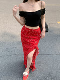 Lotus Leaf-Rimed Flower Dresses Women's Mid-Summer High-Rise Thin Buffet Dress Red Irregular Opening Fork Dress