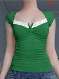 Dili 2025 Spring/Summer Y2K Sexy Knitted Lace Short-Sleeved Top Women's T-Shirt