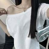 Pure Cotton Slant Shoulder Loose Word Collar Short-Sleeved T-Shirt Lazy Windy Shoulder Thin Set In The Spring Summer Blouse Woman