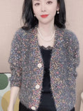 Vintage Women Fashion Super Good-Looking Flower Line Color V-Neck Knitted Cardigan Sweet Casual Loose Little Fragrant Coat