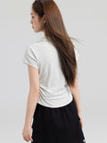 Pure Cotton Youth College Style POLO Shirt Shoulder Short Sleeve T-Shirt Female Collar Bow Embroidery Wrinkles Waist Top