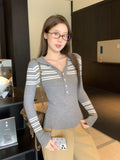 Grey Striped Collar Knitted Long-Sleeved T-Shirt Women Wear A Repair Button In The Autumn And Winter Of 2026 To Hit The Bottom Of The Top