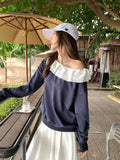 Tibetan Blue Word Shoulder Lace Spliced Long-Sleeved Sweater Women 2026 Autumn New Loose Shoulder Bottoming Shirt Top