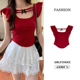 Red Square Collar Bow Straight And Reverse Two Short-Sleeved T-Shirts Hot Girls White Slimming Flying Flying Sleeve Tops Summer