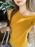 Yellow Texture Inclined Shoulder Short-Sleeved T-Shirt 2026 Summer New Slimming Chic Beauty Small Blouse