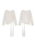 New Retro Temperament Wave Dot Round Neck Long-Sleeved Top Woman Irregularly Tied Belt Waist Shirt