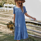 Solid-Color Leisure Holiday Dress 2026 Spring And Summer Collar Big Swing Skirt Lotus Leaf Side
