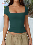 Dili 2025 Spring/Summer T-Shirt Women's Casual Square Neck Solid Color Short-Sleeved Woman