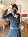 Deep Gray Fake Two Rope Hooded With Long-Sleeved T-Shirt Women 2026 Autumn Zipper Design Feel Bottoming Top