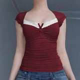 Dili 2025 Spring/Summer Y2K Sexy Knitted Lace Short-Sleeved Top Women's T-Shirt