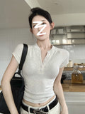 Pure Hot Babes Shoulder V Neck Short-Sleeved T-Shirt Girls Summer Slim Short Tight Clasped Clasped Special Coat