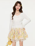 White V-Neck Bow Knitted Hollow Inside The Bottom Shirt Spring Long Sleeves To The Temperament Small Man Coat Woman