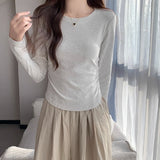 Dark Gray Long-Sleeved Mask T-Shirt Women's Autumn And Winter New Bottom Wrinkle Waist Solid Color Collar Age Reduction Top