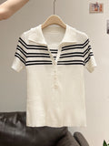 Korean Button Half-Neck Short-Sleeved T-Shirt Striped Knitted Dress Slim Slimmed Summer Beautiful Slim Slim Slim Small Top